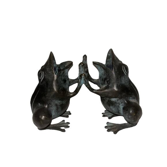 Vintage patina green Verdigris Metal Toad Frog Statue Double Vase Nice - Picture 4 of 7